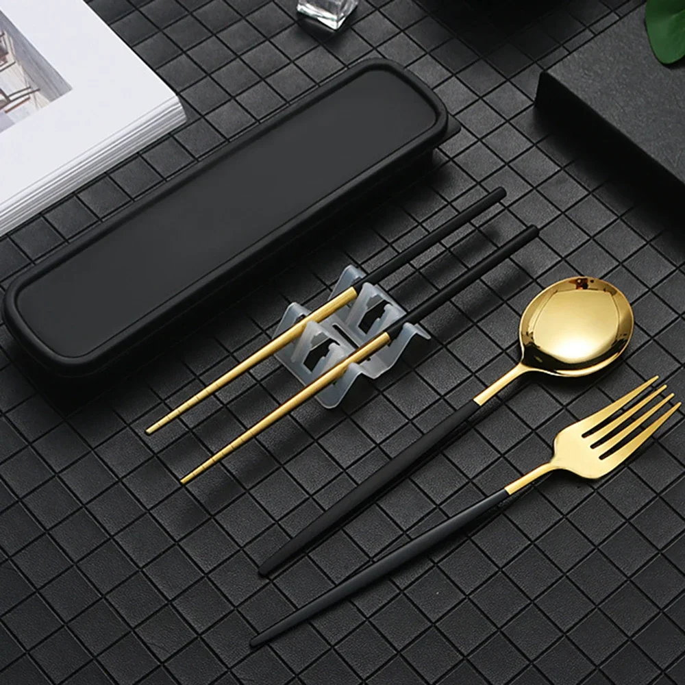 4Pcs Gold Portable Tableware Cutlery Set With Box Spoon Fork Chopsticks Set Stainless Steel Lunch Dinnerware Kitchen Accessories