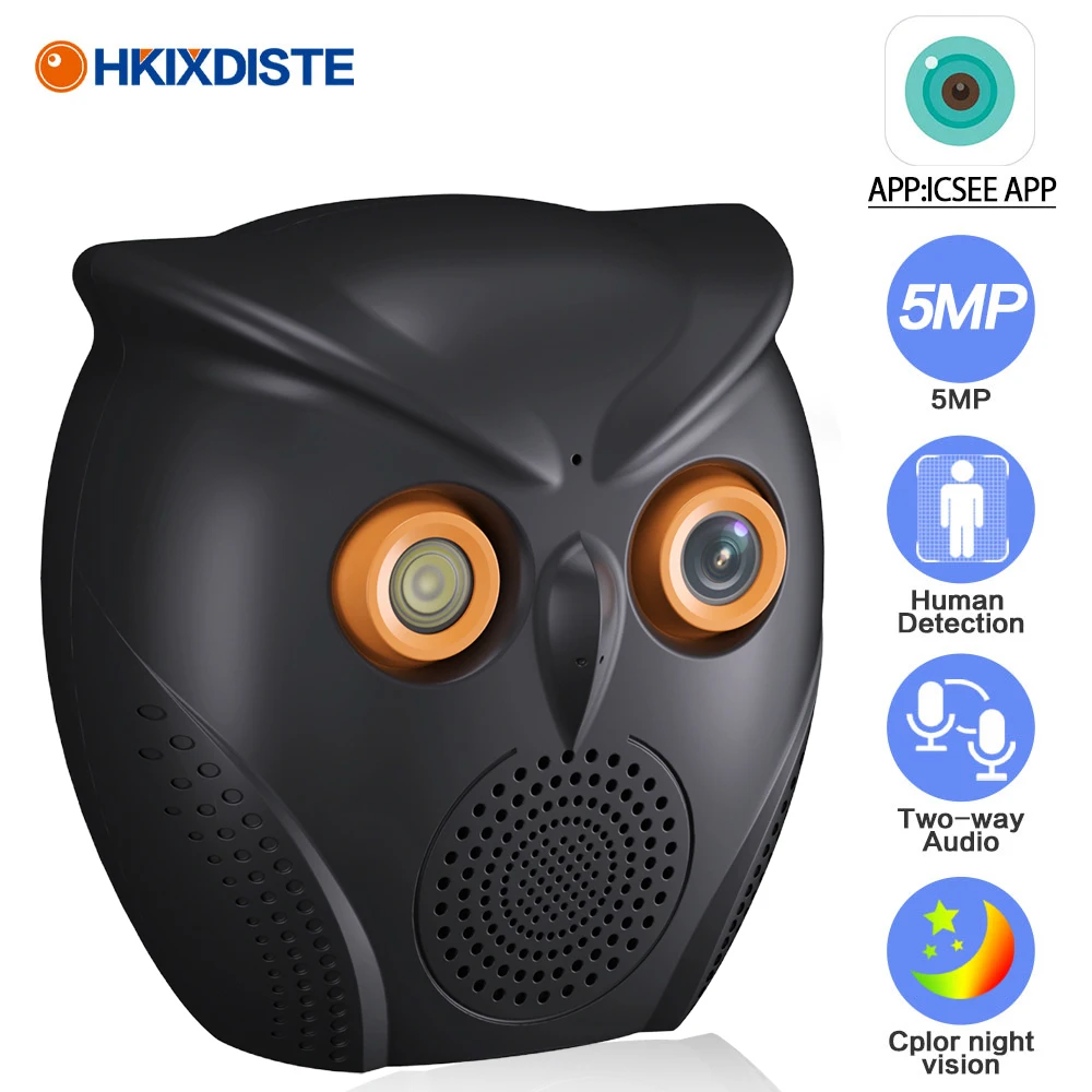 ICSEE 5MP Wifi Security Camera Indoor Two Way Audio Owl Shape CCTV Surveillance Camera Color Night Vision Baby Monitor Camera