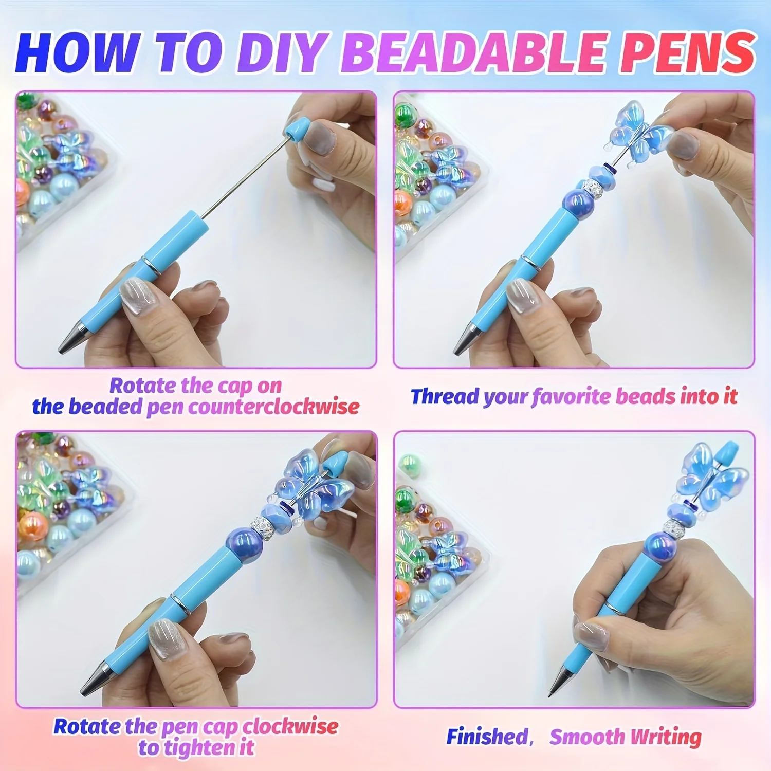 100本のプラスチックビーズペン、リフィル付き、DIYビーズペンキット、オフィス職場用品に最適