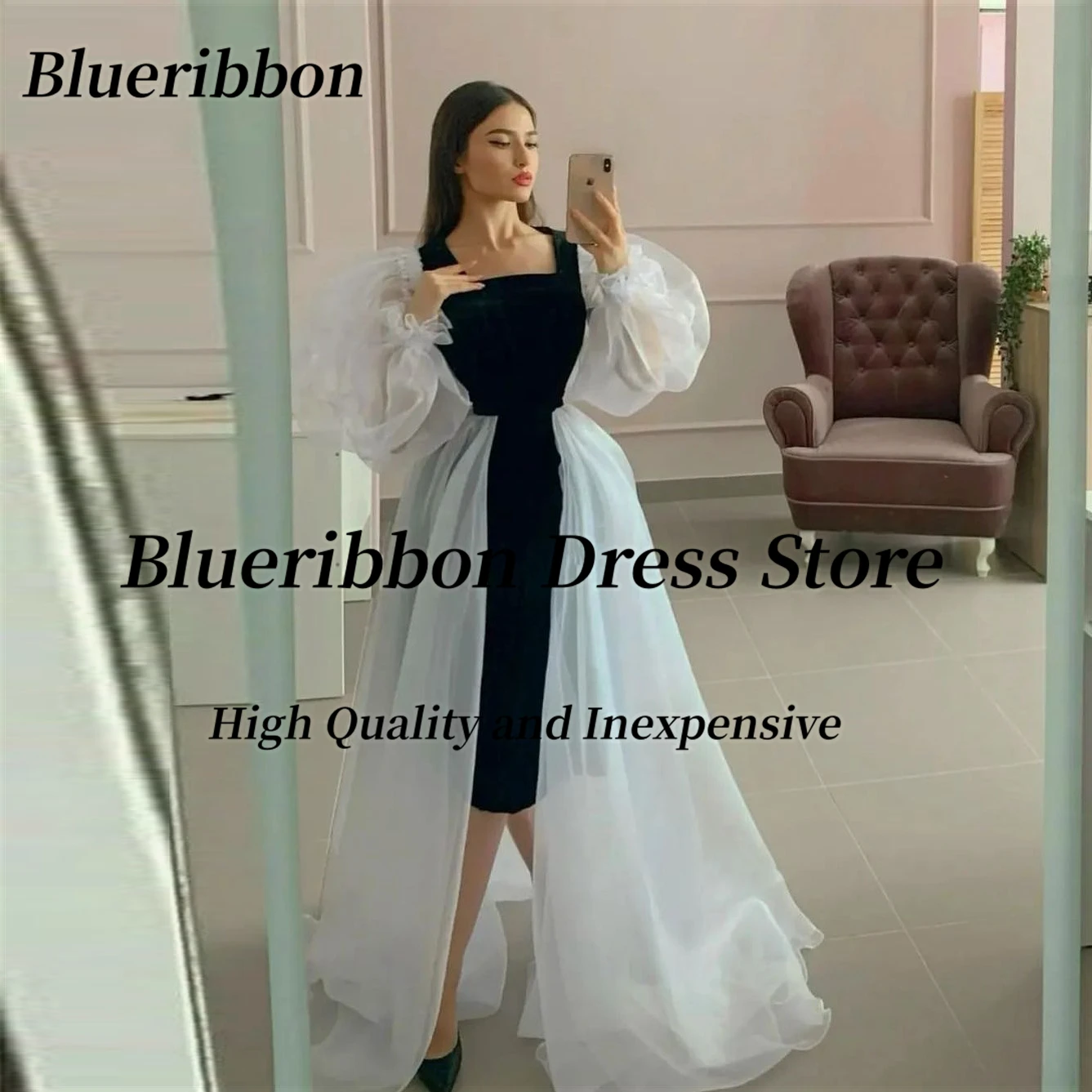 

Blueribbon Black&White Prom Dresses Square Neck Long Sleeves Homecoming Party Birtday Dress with Overskirts Formal Occasion Gown