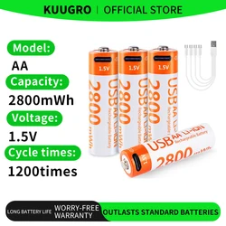 Kuugro 1.5V 2800mWh AA Rechargeable Battery USB Type-C Rechargeable aa Li-ion Battery for Remote Control Electric Toys Mouse