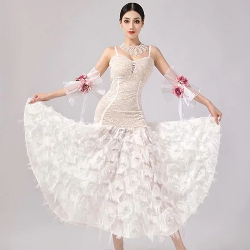 

Ballroom Dance Competition Dress Women White Feather Lace Prom Dress Adult Social Dance Dress Waltz Performance Costume BL12103