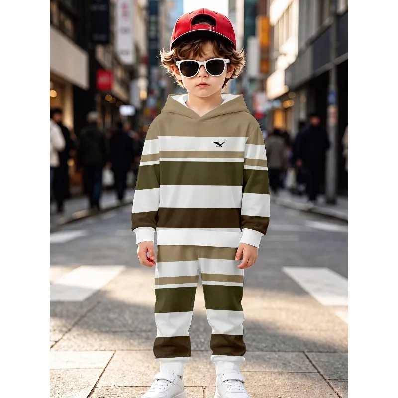 Little Boys 2 Piece Hoodie Jogger Tracksuit Retro Color Stripe Eagle Print Red Black Spider Web American Flag Star Stripe Outfit
