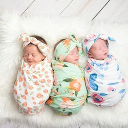 Newborn Printed Swaddle Blanket with Matching Headband Floral Print Baby Swaddle for Photo Shooting Portrait Photography Prop