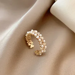 Luxury Double Zircon Pearl Opening Rings for Woman Fashion Gothic Finger Jewelry Wedding Party Girl's Sexy Ring