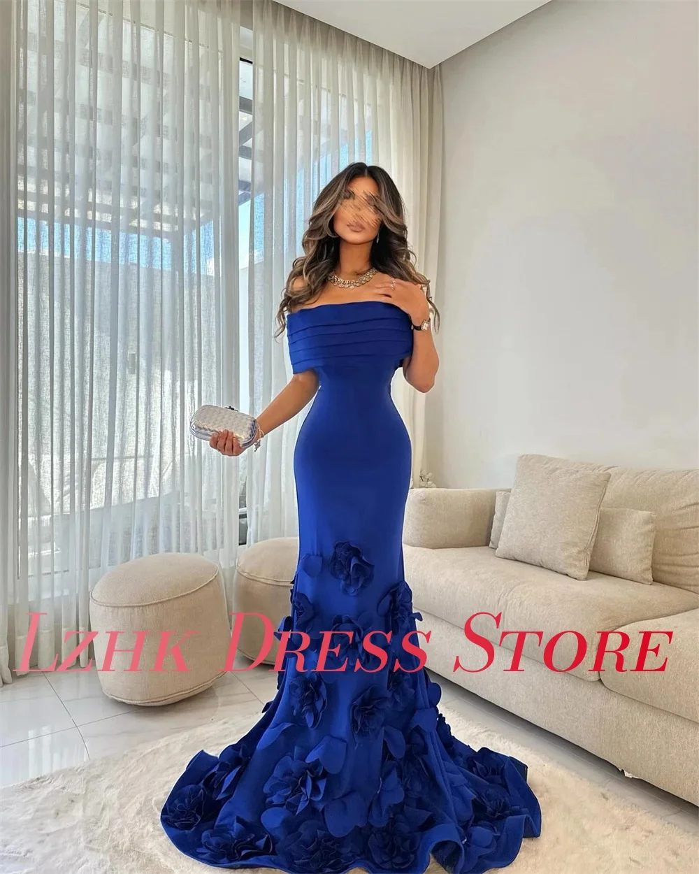 Vestido de noche elegante personalizado con flores en 3D de sirena y hombros descubiertos, vestidos de fiesta hasta el suelo con cuello barco de alta calidad