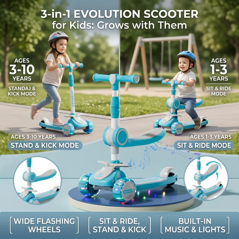 Patinete Infantil 3 en 1 Ajustable de 3 Ruedas con Ruedas de PU Extra Anchas que se Iluminan, Patinete con Música y Luces para Niños