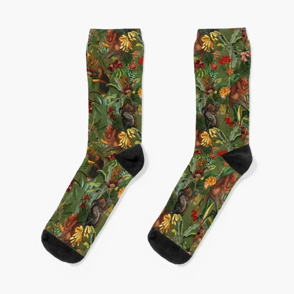 Tropical monkey jungle pattern - dark green Socks Novelties Children's Lots Socks For Girls Men's