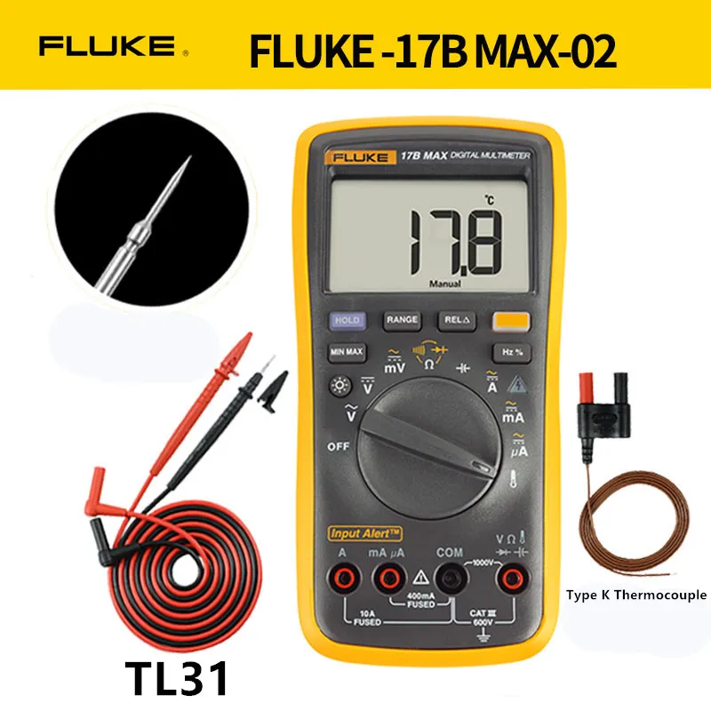 فلوك 15B ماكس 17B ماكس كيت مقياس رقمي متعدد DMM إنذار مسموع/مرئي التيار المتناوب/تيار مستمر الجهد الحالي السعة أوم جهاز قياس درجة الحرارة