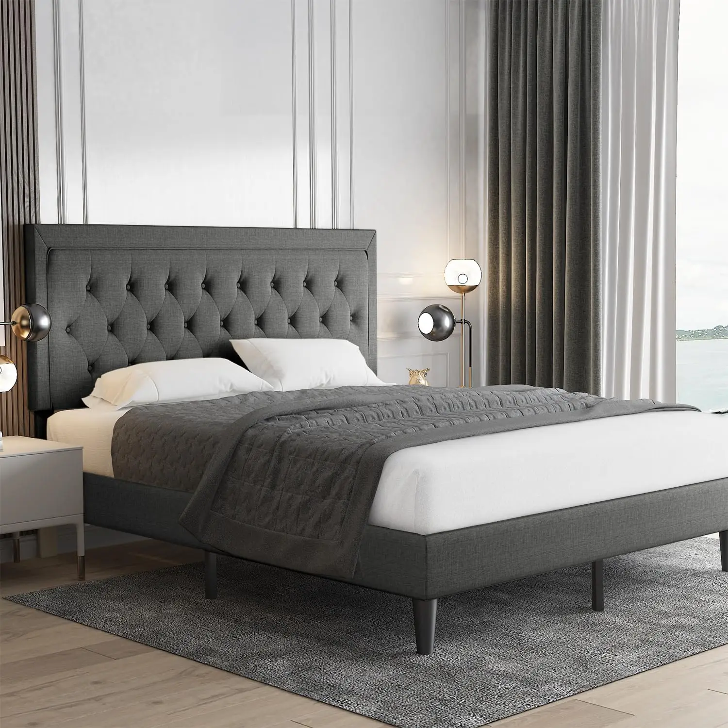 Allewie King Size Platform Bed Frame/Fabric Upholstered Bed Frame With Diamond Button Tufted Headboard/Adjustable