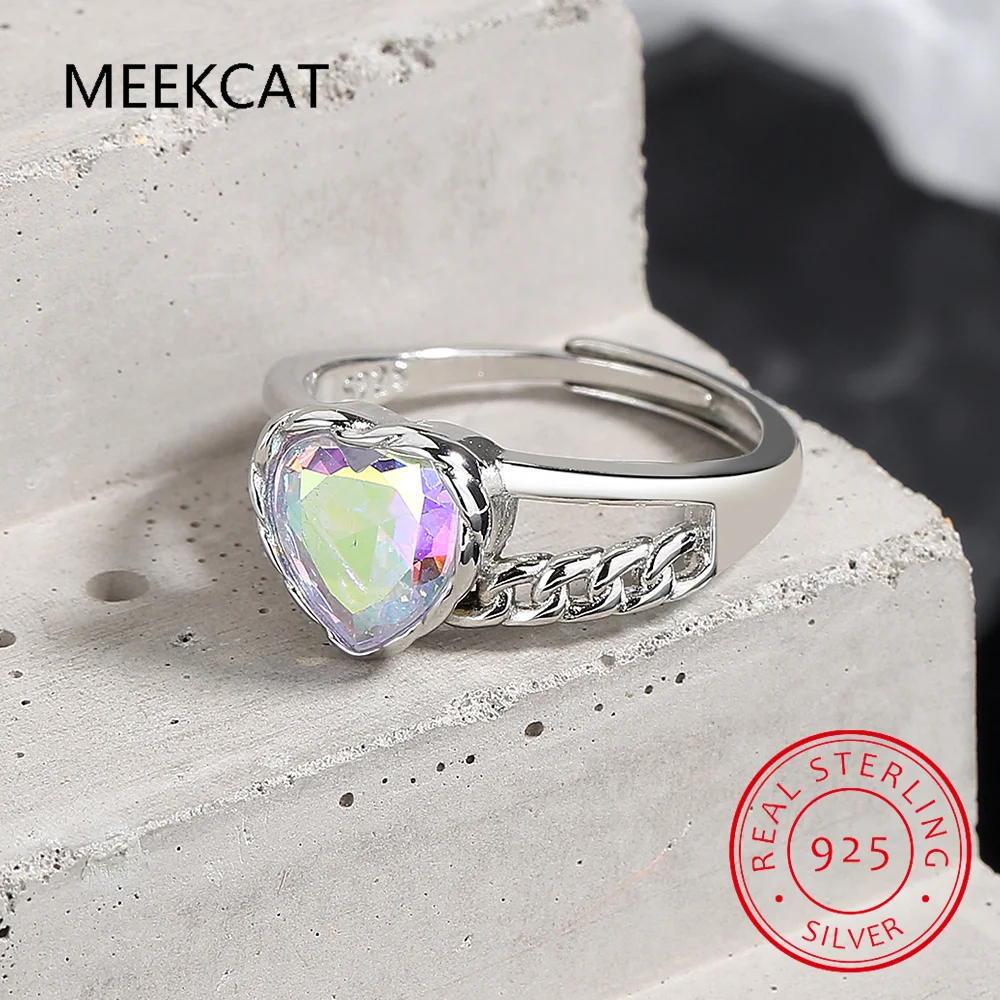 925 Sterling Silver Minimalist Rainbow Colorful Heart Zirconia Chain Rings Classic Wedding Statement Jewelry For Women Gift
