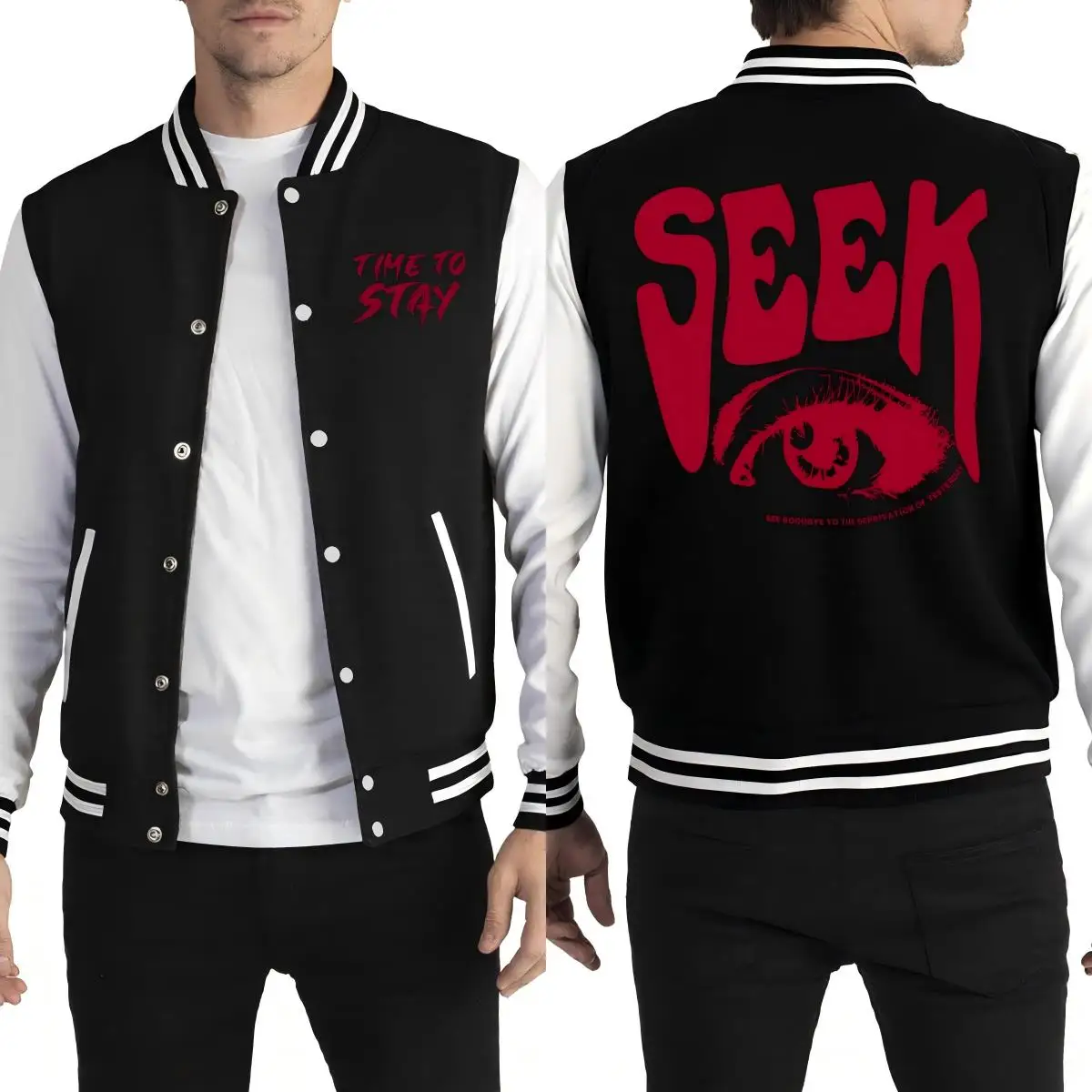 

Seek Red Eye Creative Printing Men Baseball Jackets Soft Casual Coats Fleece Button Sportswear Man Autumn Oversize Clothes