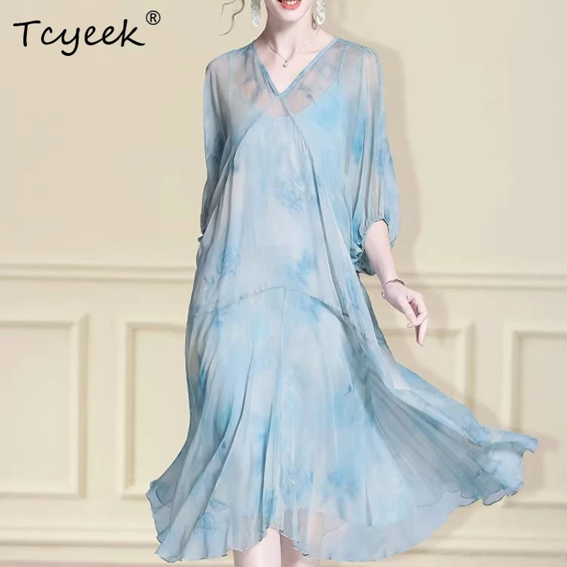 

Tcyeek High-end 100% Mulberry Silk Dress for Women 2026 Summer Clothes Elegant and Pretty Woman Dresses Printing Платье Женское