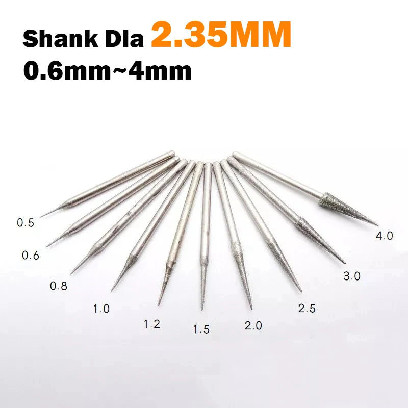 

10~100Pcs 0.4mm 0.8mm 1mm 1.5mm ~3mm Diamond Coated 2.35mm Tipped Drill Bit for Tile Jewellery Glass Shank Diameter Extend Gems