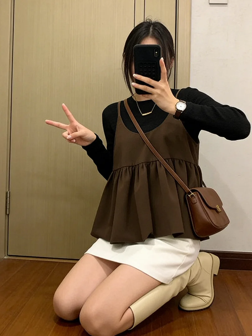 

Korean Sle Simple Ele Brown Strapl Bla Knitted Sweater Set Women's Autumn Faion Casual Long Sve T-irt Vest