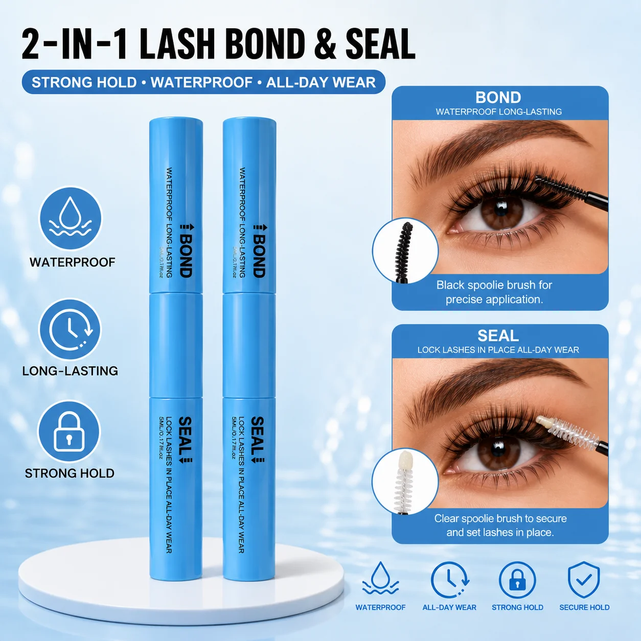 DIY Lash Bond and Seal, 2 in 1 Double Ended Eyelash Glue for Cluster Lashes, Waterproof Smudge Resistant Long Lasting Lash Adhes