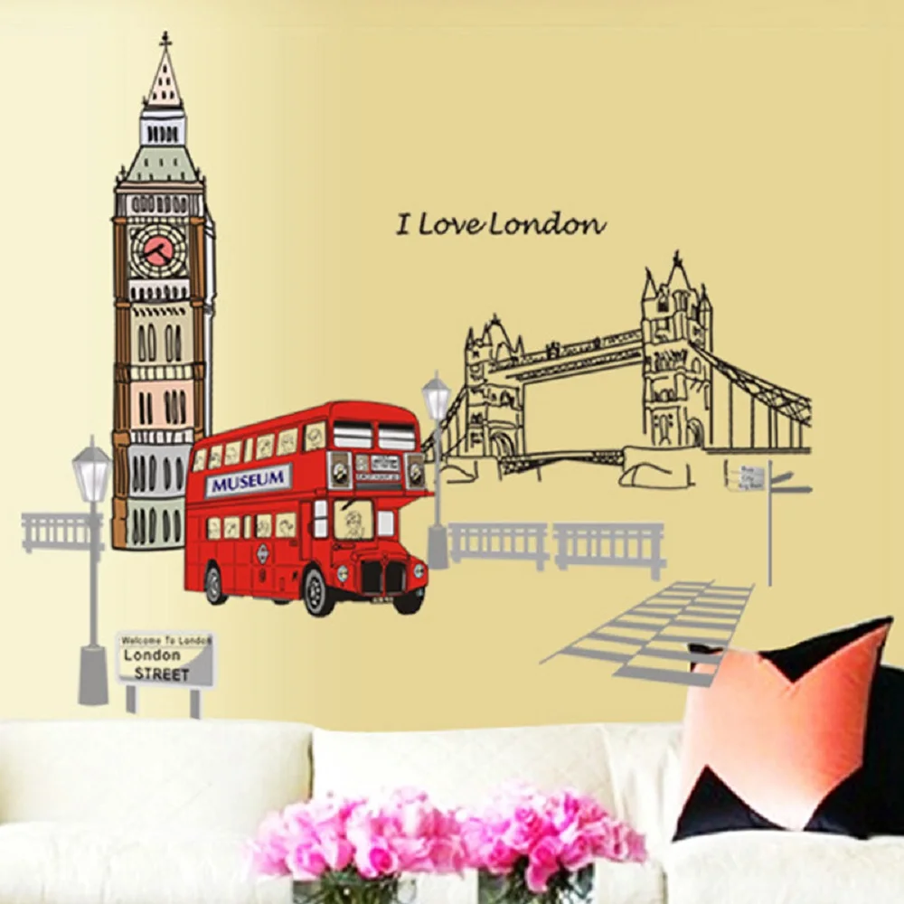 London Double-decker Bus Wall Stickers Removable Sticker Creative Art Mural Home Decoration Large