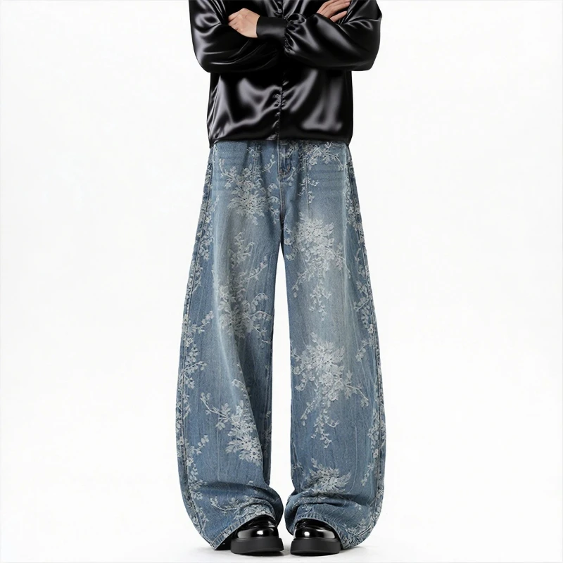 Niche Design Men's Spring Autumn Jeans Jacquard Contrast Color Vintage Casual Menswear Straight Leg All-match Male Denim Pants