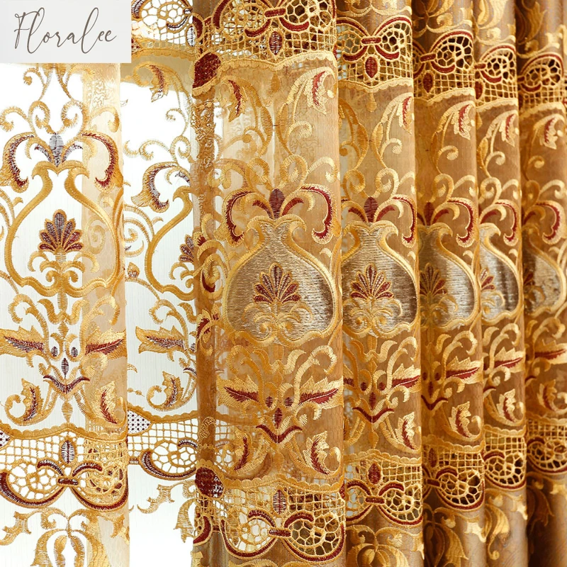 

Golden Luxury Jacquard Hollow Lace European Style Living Room Bedroom Dining Room Embroidery Curtain Embroidery Tulle Custom