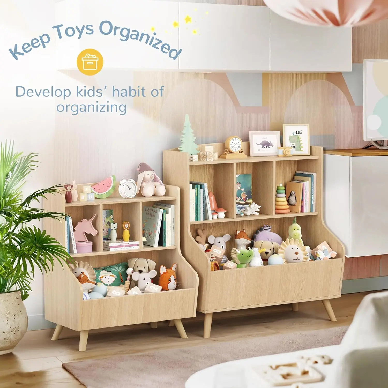 Kids Bookshelf and Toy Storage, 3-Tier Wooden Bookcase, Baby Book and Toy Storage Display Organizer with Spacious Top