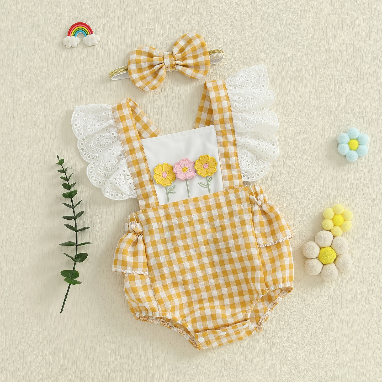 

Летний наряд для маленьких девочек, клетчатый комбинезон с цветочной вышивкой и рюшами, летящими рукавами и повязкой на голову с бантом, комплект из 2 предметов