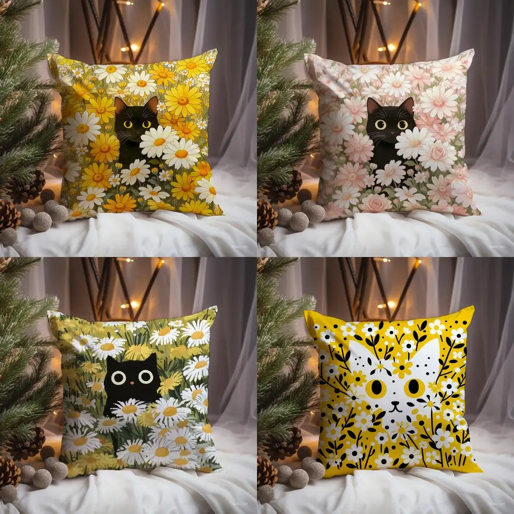 Flower‑Field Cat Cushion Cover Premium Comfort Reversible Pillow Cove -Two in One Design for Any Room & Car Interior