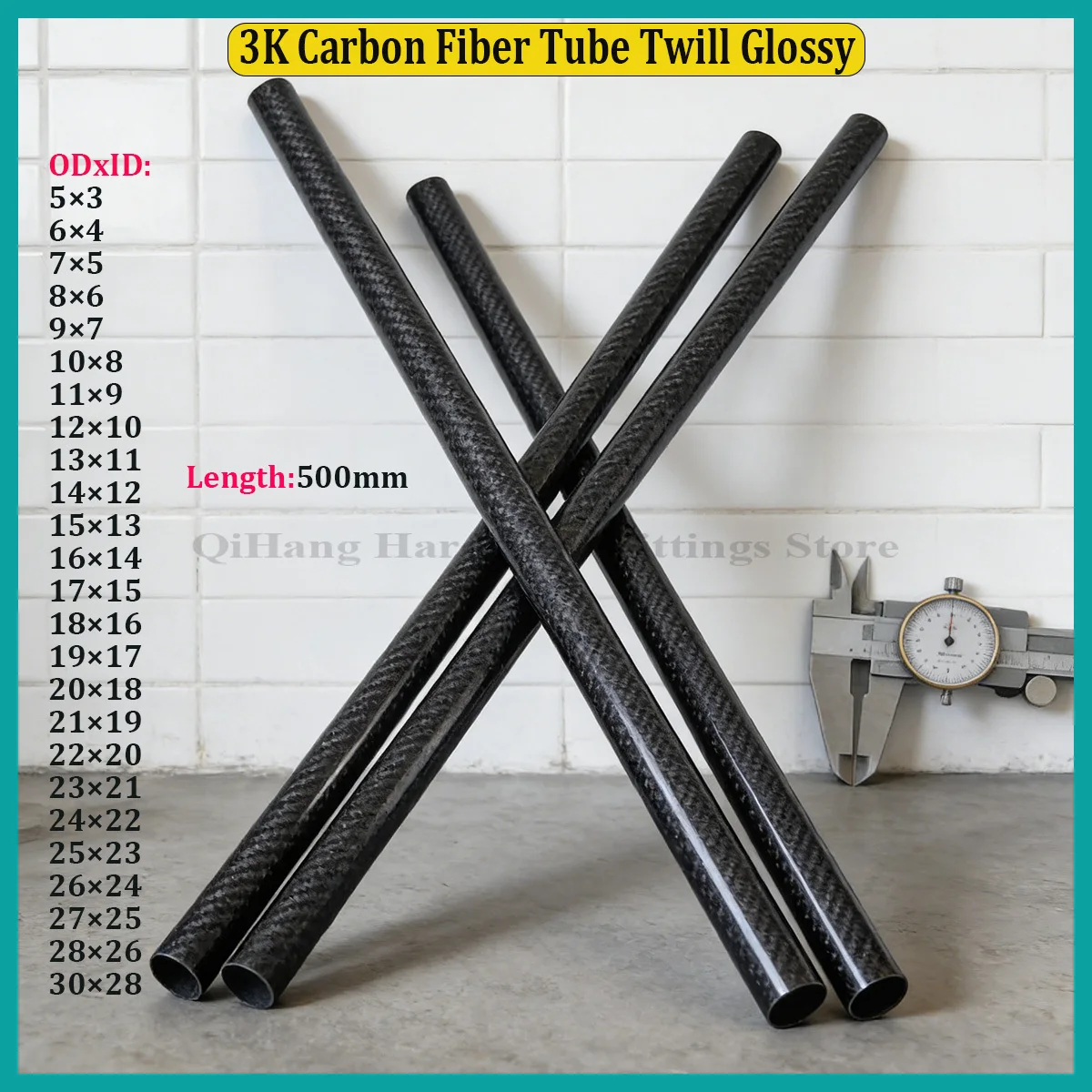 2Pcs 3K Carbon Fiber Tube Twill Glossy 500mm, Dia 5-30mm, High Strength Light Weight For RC Airplane Drone DIY Parts