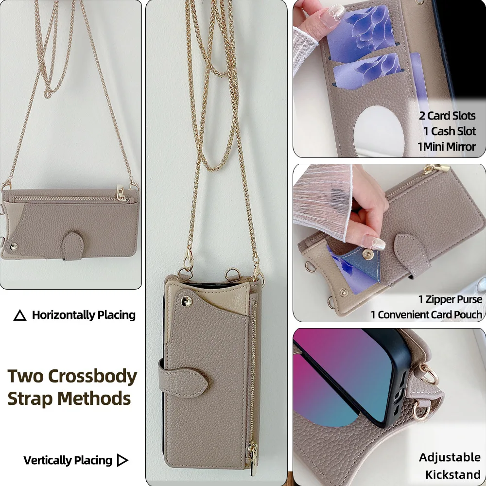 Leder-Handyhülle für iPhone 17 16 15 14 13 12 11 Pro Max Brieftaschen-Hülle X XR 7 8 Plus Flip-Schutzhülle mit Umhängeband und Kartenfächern – Detail 22