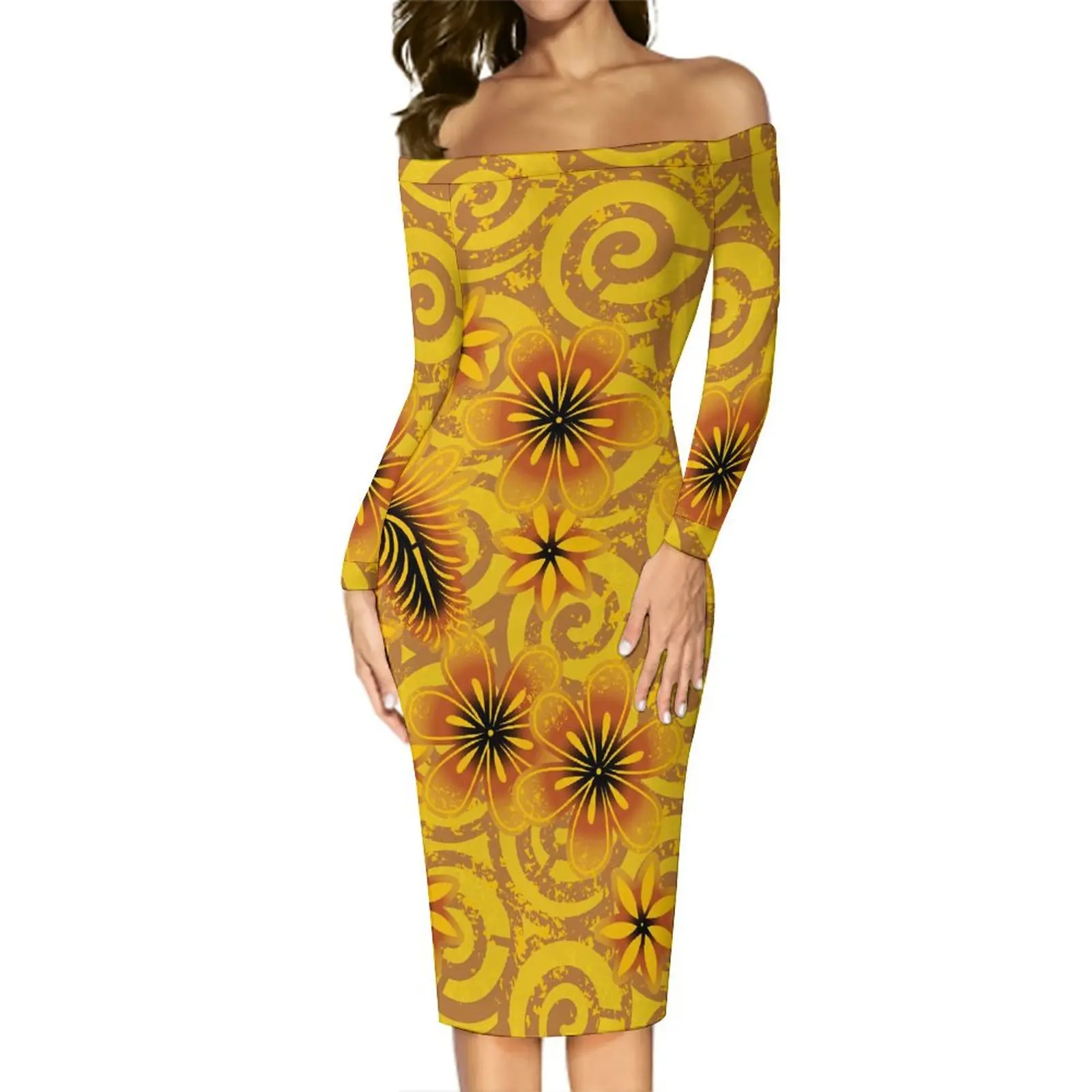 Custom Sexy Women'S Off-The-Shoulder Dress Polynesian Island Style Women'S Graduation Party Tight-Fitting Hip Wrap Dress