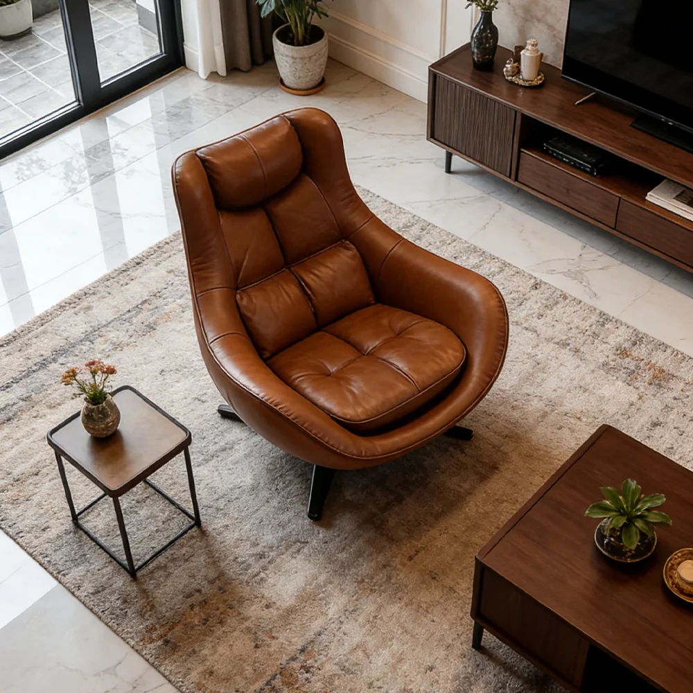 

#Brown Leather Swivel Accent Chair: Tufted Cushion Comfortable Lounge Seat For Living Room