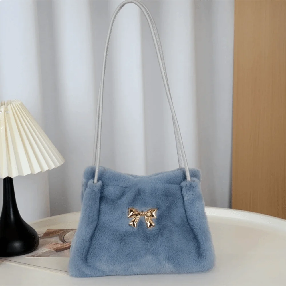 

Luxury Faux Fur Ladies Shoulder Bag Fluffy Large Capacity Female Crossbody Bag Solid Color Soft Plush Tote Bag