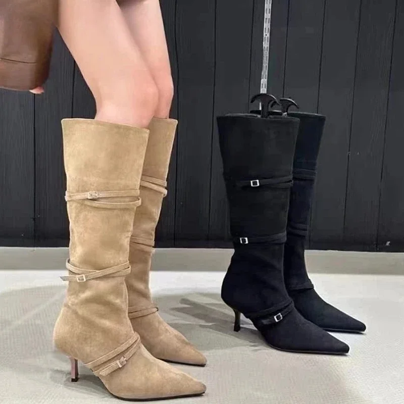 

Vintage Suede Women Knee High Boots Fashion Pointed Toe Shoes Autumn Winter Thin Heel Ladies Short Plush Long Booties