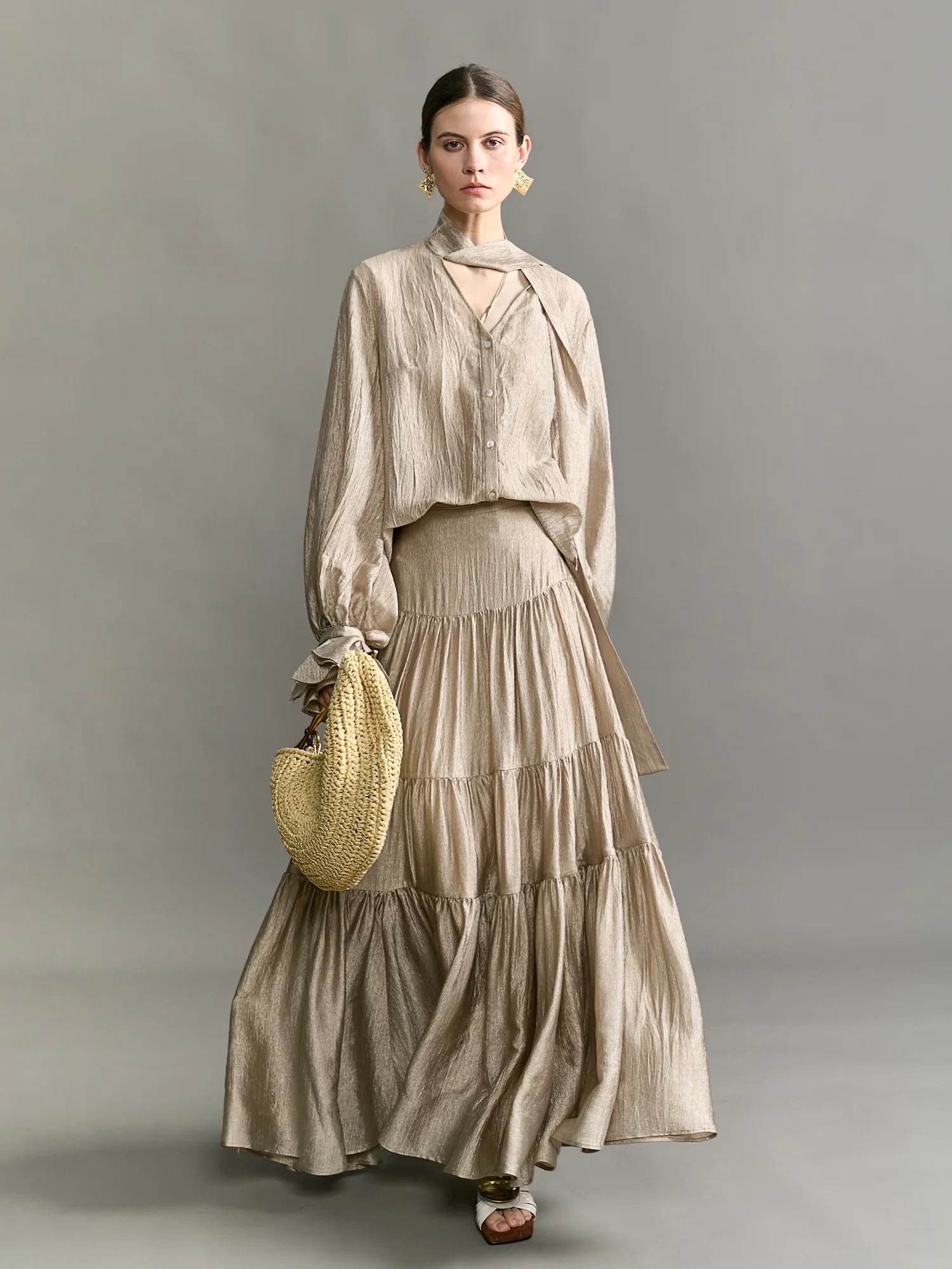 

BEA HEA Acetate Texture Petal Sleeve Chiffon Shirt A-Line Skirt Set Women's Fashion Spring Outfit V-Neck Button Closure Casua...