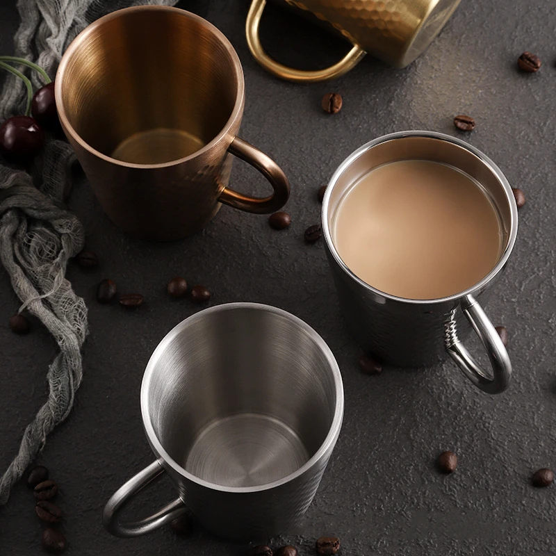 Hammered Texture Coffee Cup 304 Stainless Steel Double Wall Anti-scalding Handle Tea Cup Juice Drink Milk Coffee Travel Mug