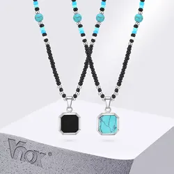 Vnox Boho Necklaces for Women Men, Geometric Square Natural Stone Pendant, Adjustable Blue Beads Chain, Ethnic Tribal Collar
