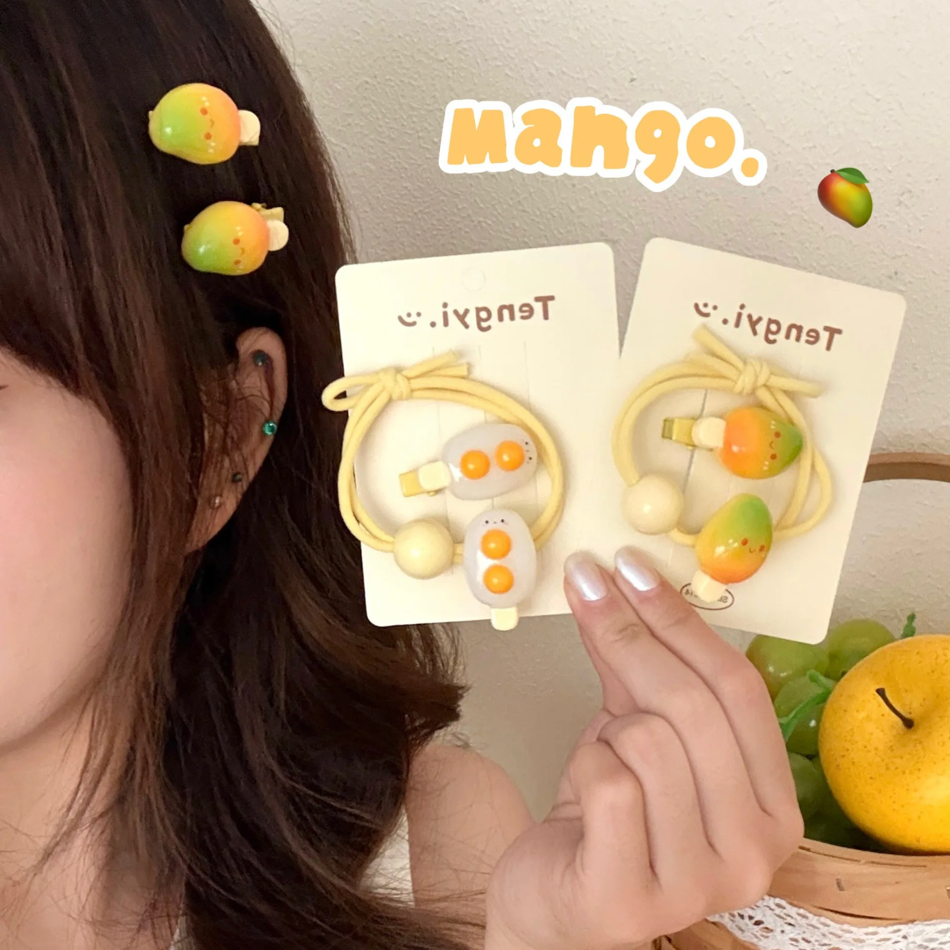 Juego creativo de 2 pinzas para el pelo y cuerdas de mango, comida divertida, pinza para el pelo, lindo anillo para el pelo con cola de caballo