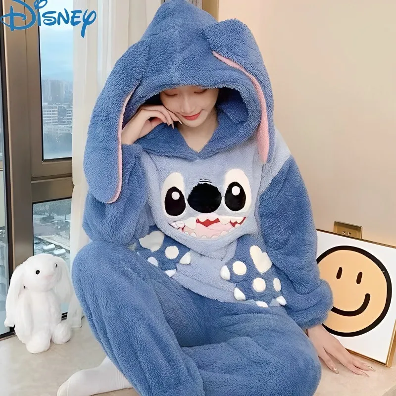 Lilo&stitch Hooded Pajama Girl Winter Student Disney Cartoon Stitch Plus Fleece Flannel Long-sleeved Homewear Set Birthday Gift