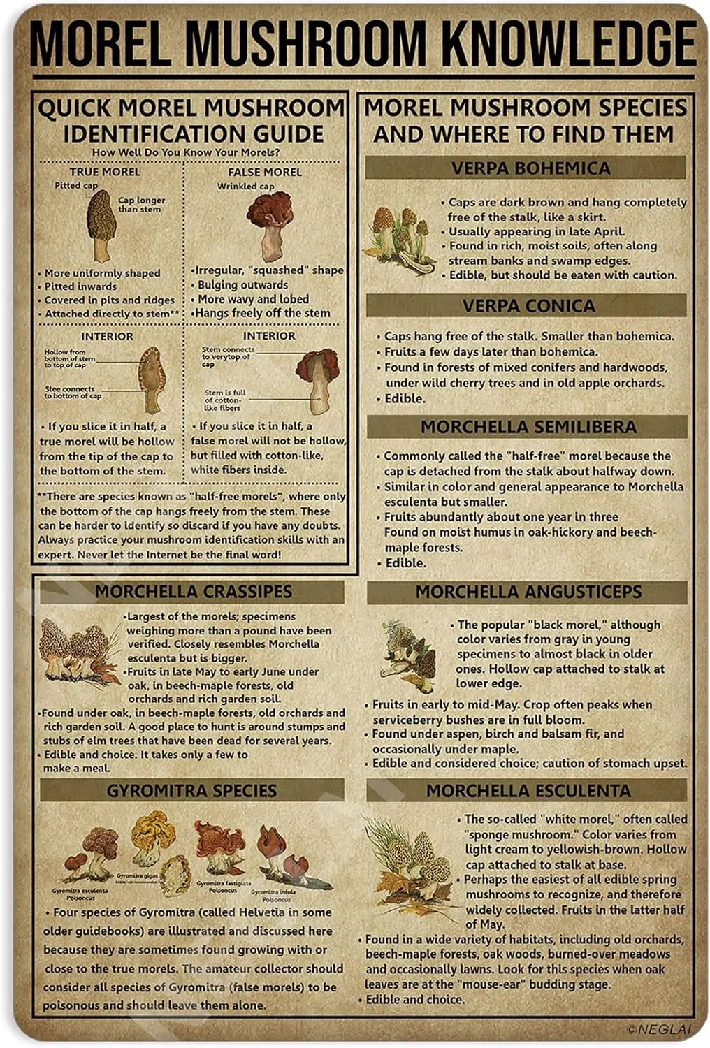 Morel Mushroom Knowledge Metal Signs Poster, Vintage Wall Decor Farmhouse Decorations 16x12 Inches