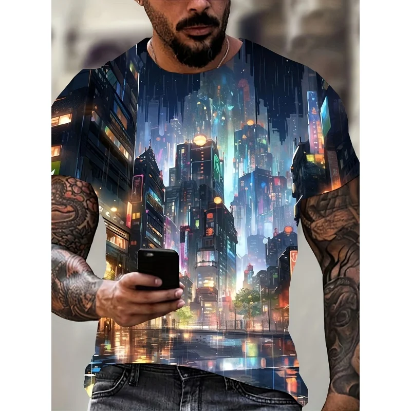 

Футболка с узором Bustling City для мужчин, футболки с 3D принтом «Звездное небо Вселенная», повседневные топы с короткими рукавами и круглым вырезом, уличные футболки