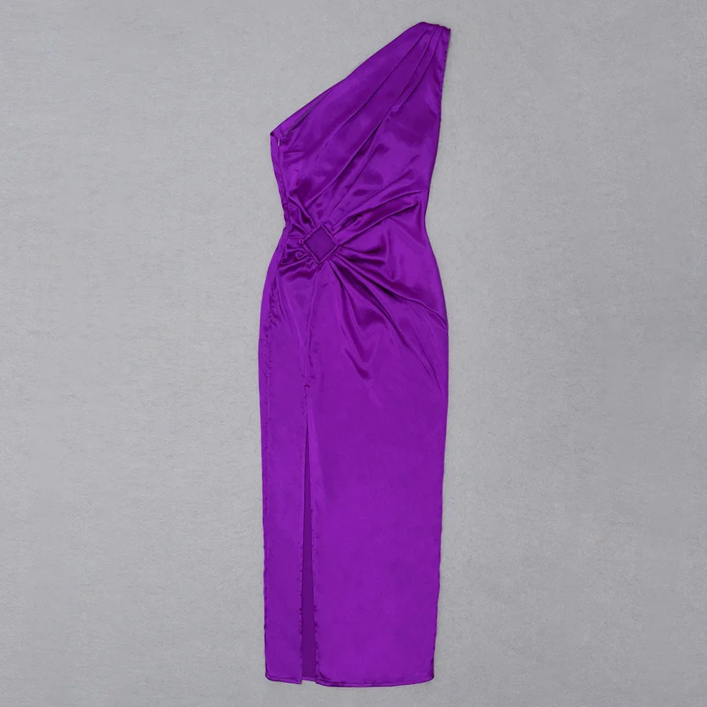 New Ladies Purple One Shoulder Sexy Skinny Draped Sleeveless Sequin Cutout High Slit Long Celebrity Party Dress Sexy Dress