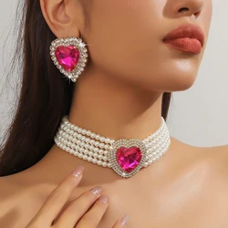 Heart Design Earrings Pearl Necklace Set for Women Vintage Multi-layered Pearl Necklace Drop Earrings for Wedding Jewelry Gift