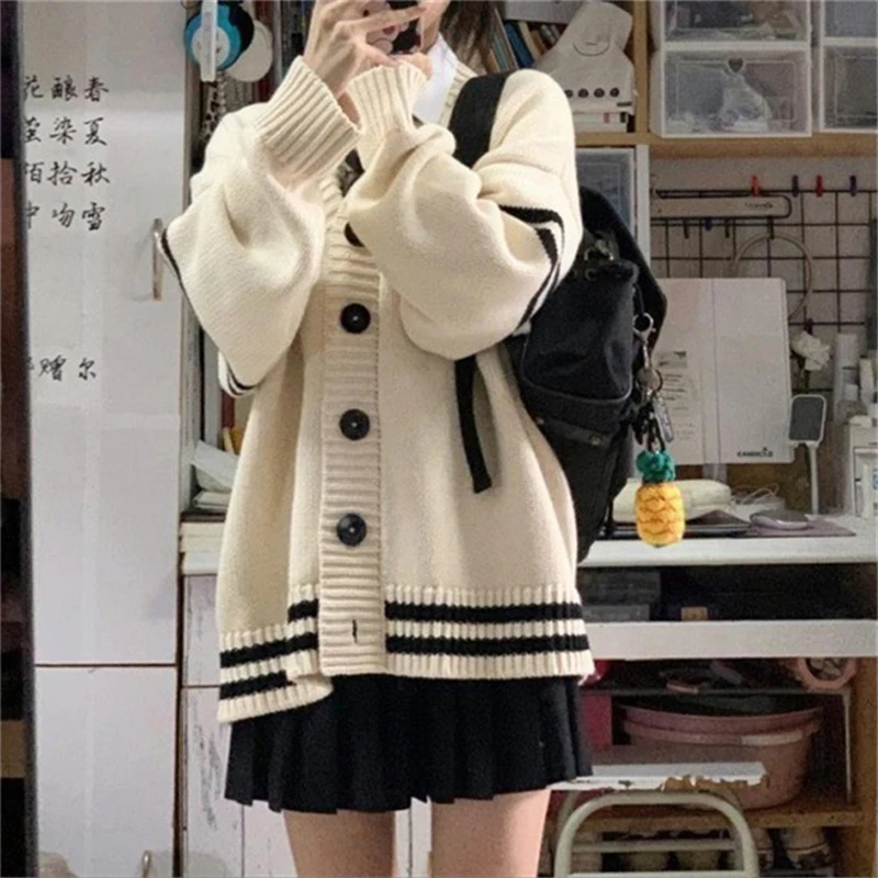 Casual Women Sweater Spring Autumn Korean Striped Long Sleeve Button Loose Cardigan Streetwear Harajuku Y2K Female Knitted Coats