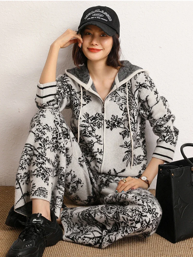 Vintage Print Knit 2 Piece Sets Women Casual Knitwear Hooded Zipper Sweatshirts Coats Conjunto High Waist Wide Leg Pants Suits