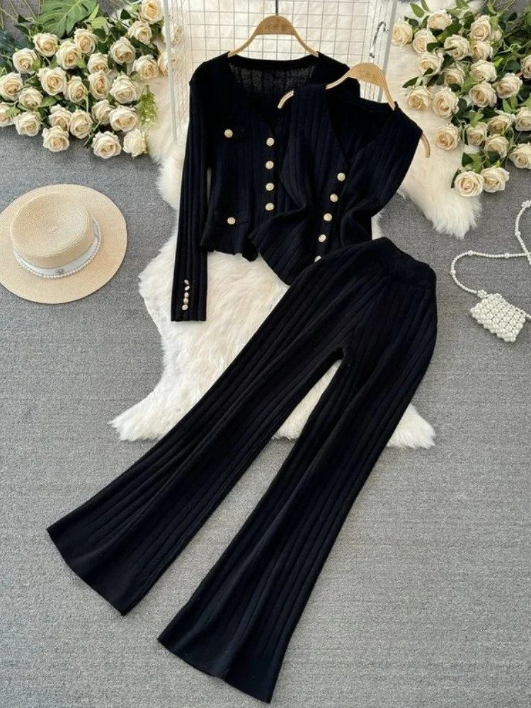 Women Vintage Three Piece Sets Autumn Winter V-neck Single Breasted Knitted Jacket High Waist Straight Leg Wide Leg Pants Suits