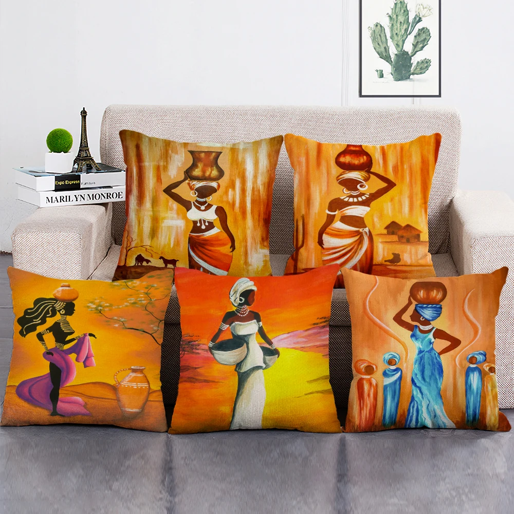 

Beautiful Lady Oil Painting Decorative Pillowcase African Woman Print Square Cushion Cover for Home Sofa