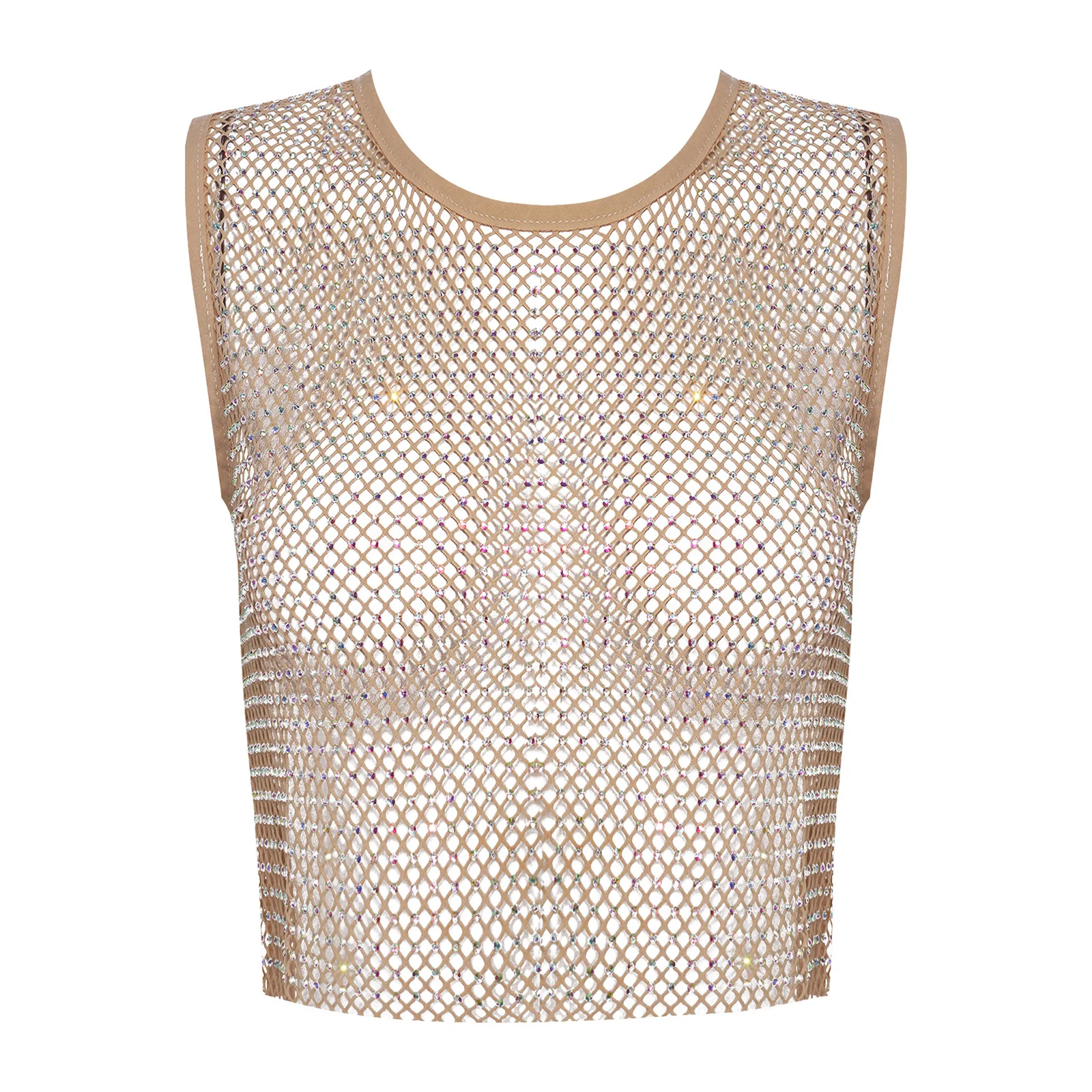 

Womens Glittery Rhinestone Fishnet Tank Top Crew Neck Sleeveless Racer-back See Through Crop Vest Cover-up Top for Jazz Dance