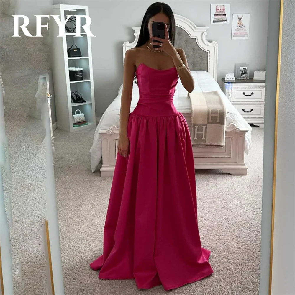 

RFYR Simple Fuchsia Prom Dresses Sleeveless O-Neck Satin Evening Dresses A-Line Ruched Party Dress with Pleats Vestidos De Noche