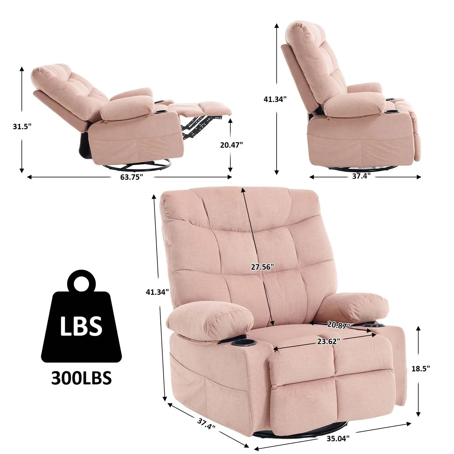 Swivel Rocker Recliner Chair With Massage And Heat, Fabric Heated Reclining Chairs Manual Recliner For Adults, Nursery Rocking G