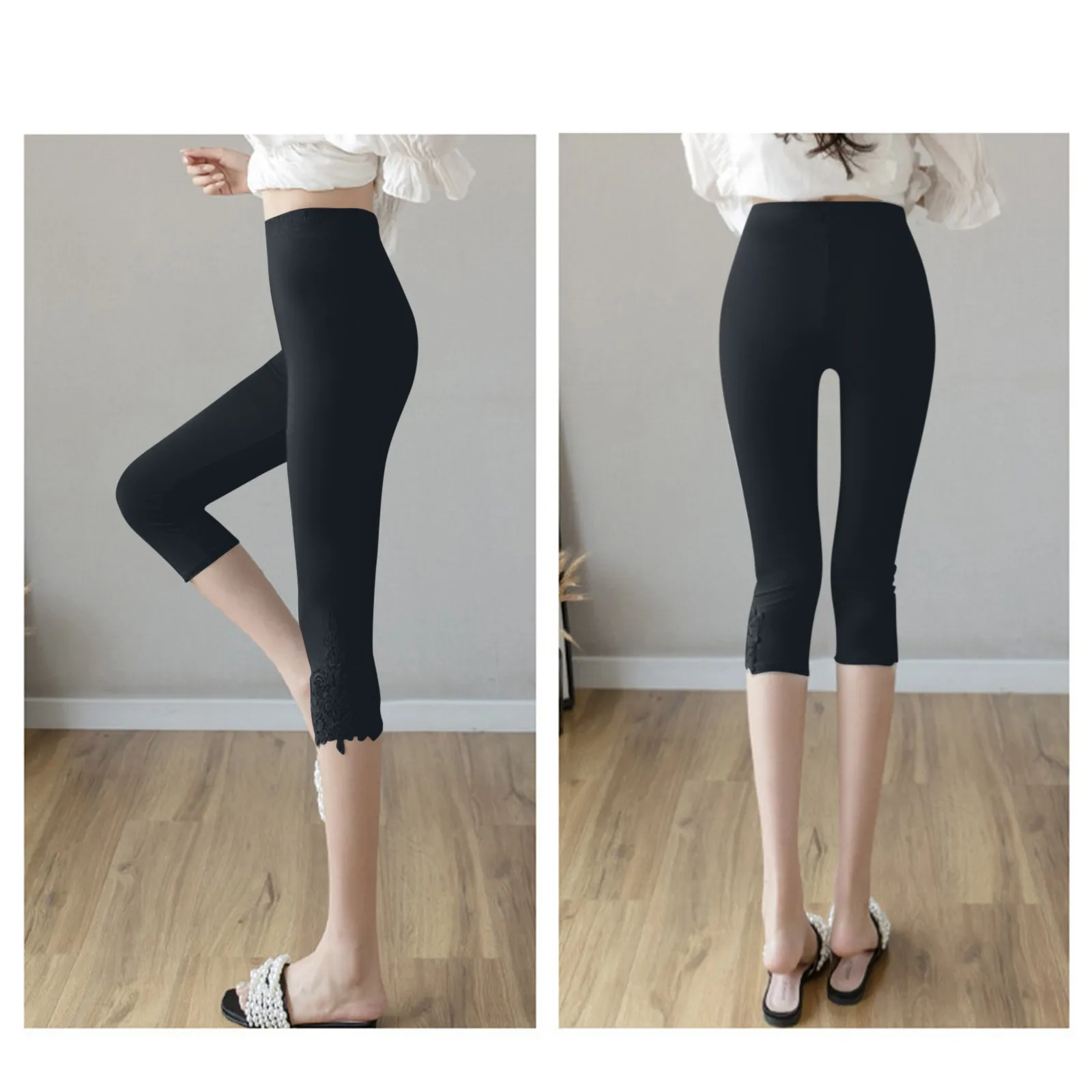 Female Slim Fitting Lace Outer Bottoming Seventh Trousers Casual Comfortable Breathable Black White Gray Summer Versatile Pants