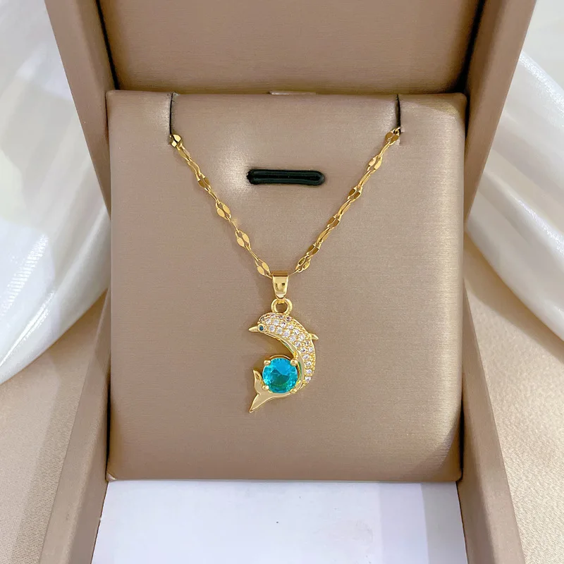 DIEYURO 316L Stainless Steel Blue Zircon Dolphin Pendant Necklace For Women New Luxury Girls Clavicle Chain Jewelry Accessories